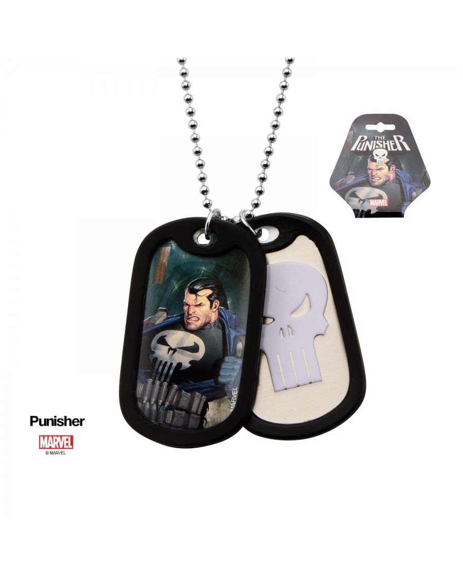 MARVEL COMICS - THE PUNISHER SUITED/ SKULL SYMBOL DOG TAG PENDANT WITH CHAIN NECKLACE