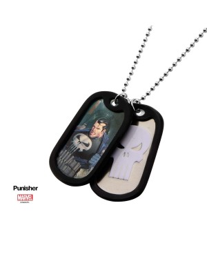 MARVEL COMICS - THE PUNISHER SUITED/ SKULL SYMBOL DOG TAG PENDANT WITH CHAIN NECKLACE