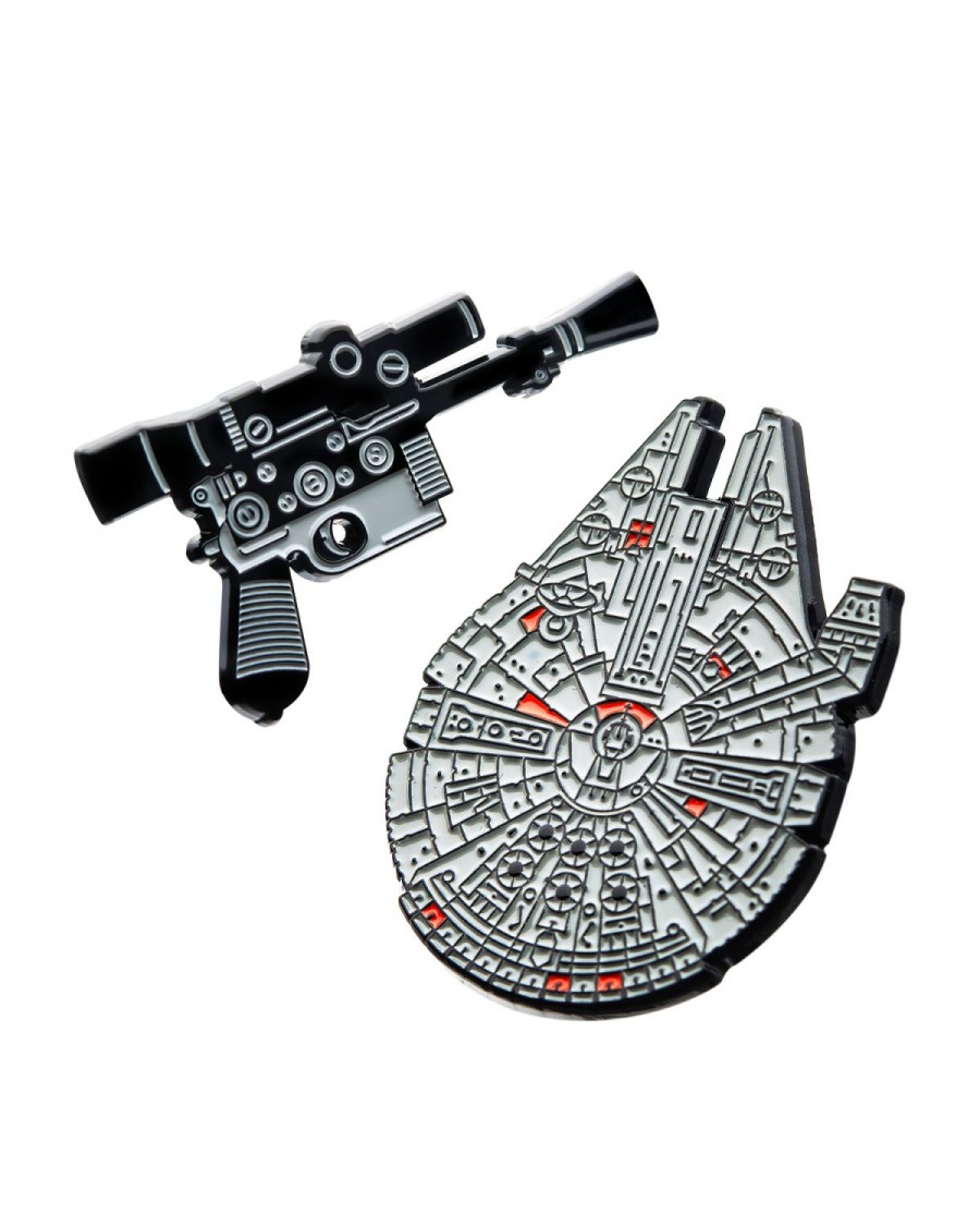 OFFICIAL STAR WARS -  HAN SOLO BLASTER AND MILLENNIUM FALCON METAL ENAMEL PIN BADGE