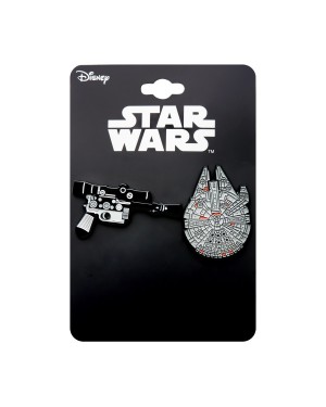 OFFICIAL STAR WARS -  HAN SOLO BLASTER AND MILLENNIUM FALCON METAL ENAMEL PIN BADGE