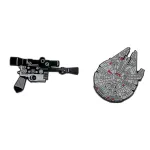 OFFICIAL STAR WARS -  HAN SOLO BLASTER AND MILLENNIUM FALCON METAL ENAMEL PIN BADGE