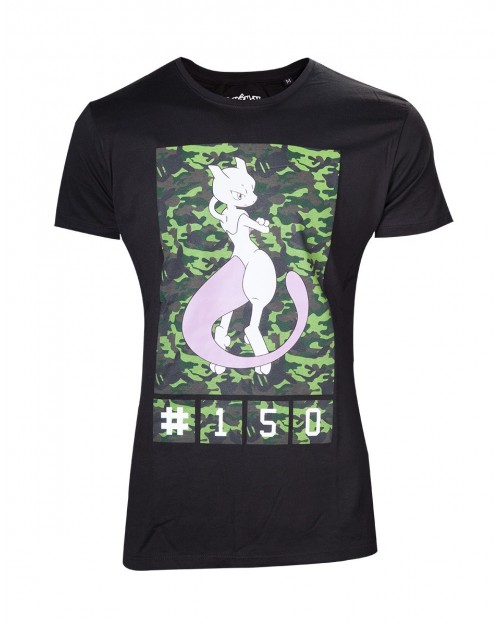 OFFICIAL POKEMON MEWTWO 150 CAMOUFLAGE PRINT BLACK T-SHIRT