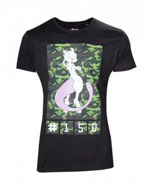 OFFICIAL POKEMON MEWTWO 150 CAMOUFLAGE PRINT BLACK T-SHIRT