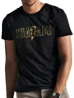 DC COMICS - SHAZAM (CAPTAIN MARVEL) GOLD FOIL PRINT LOGO BLACK T-SHIRT