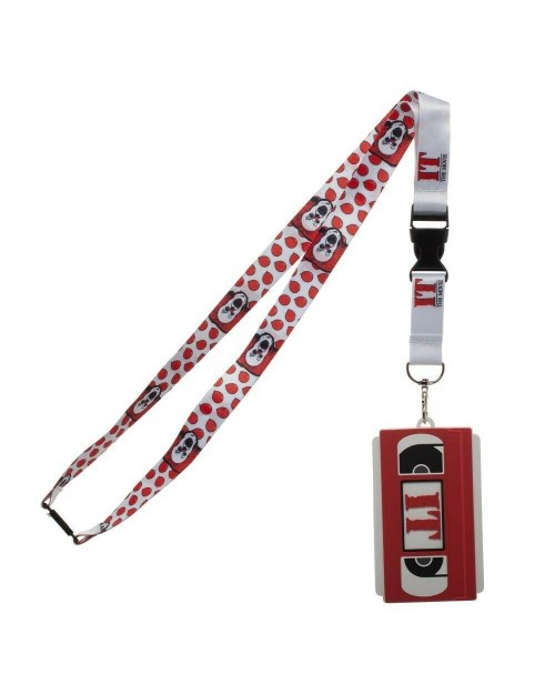 OFFICIAL IT THE MOVIE - VHS TAPE PENNYWISE AND RED BALLOON PRINT WHITE ID SLEEVE LANYARD