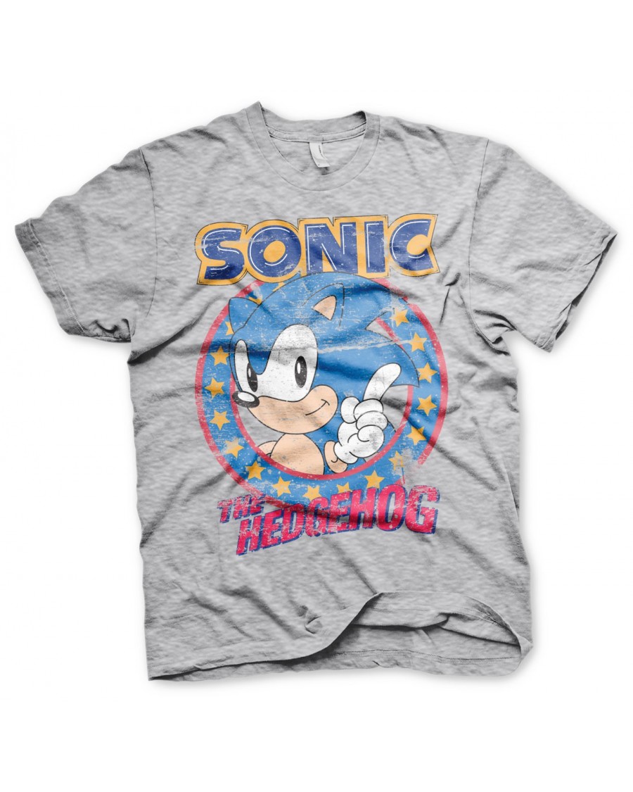 OFFICIAL SONIC THE HEDGEHOG ICONIC POSE DISTRESSED PRINT GREY T-SHIRT
