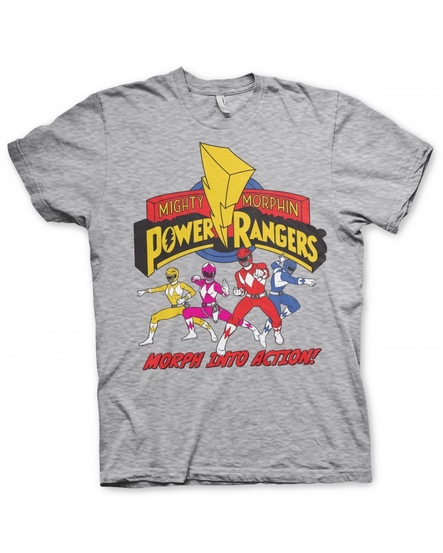 OFFICIAL MIGHTY MORPHIN POWER RANGERS 'MORPH INTO ACTION' DISTRESSED PRINT GREY T-SHIRT