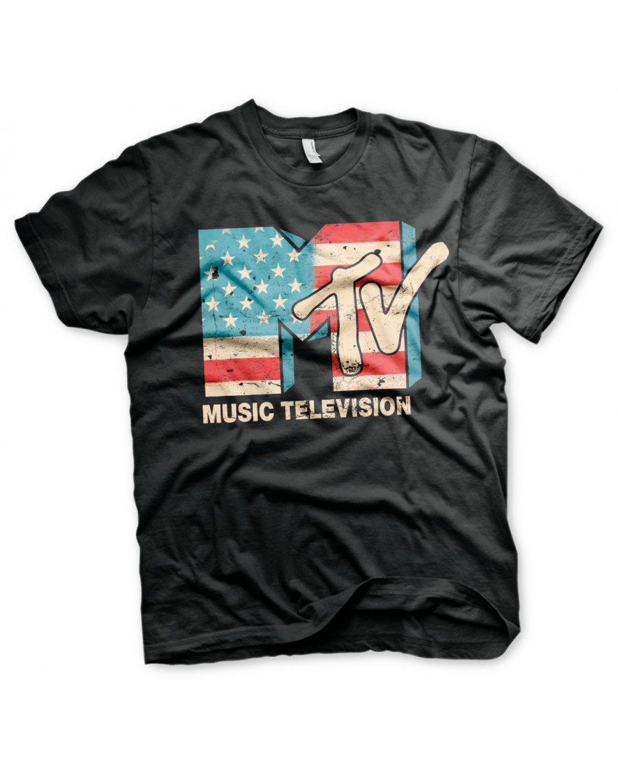 OFFICIAL MTV (MUSIC TELEVISION) USA FLAG DISTRESSED PRINT BLACK T-SHIRT