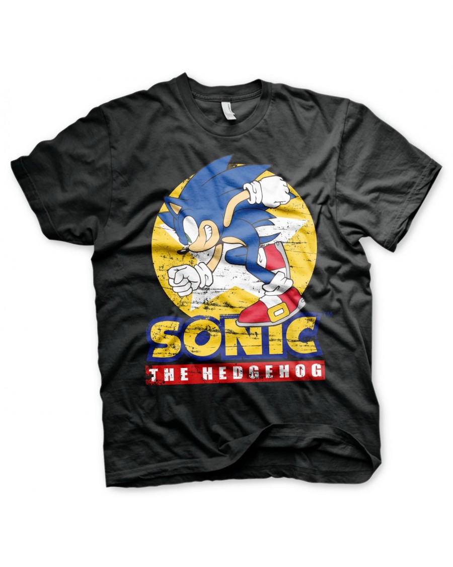 OFFICIAL SONIC THE HEDGEHOG SPINNING DISTRESSED PRINT BLACK T-SHIRT