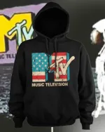 MTV USA AMERICAN FLAG LOGO BLACK HOODED PULLOVER JUMPER