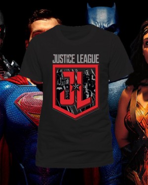 OFFICIAL DC COMICS - JUSTICE LEAGUE SYMBOL/ SHIELD & CHARACTERS BLACK T-SHIRT