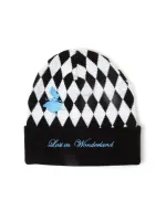 DISNEY ALICE IN WONDERLAND EMBROIDED CHECKERED CUFFED BLACK BEANIE