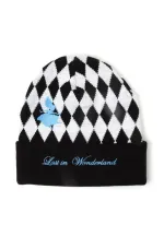 DISNEY ALICE IN WONDERLAND EMBROIDED CHECKERED CUFFED BLACK BEANIE