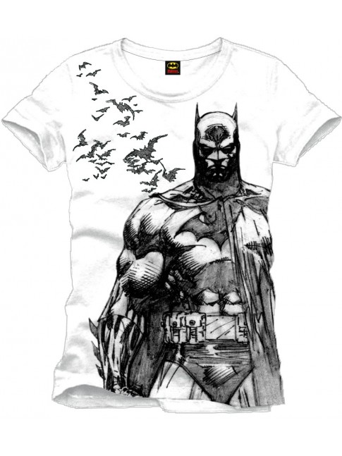 DC COMICS BATMAN & BATS PENCIL DRAWING WHITE T-SHIRT 