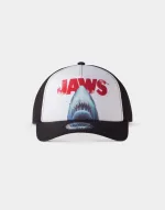 JAWS ICONIC LOGO AND POSE WHITE TRUCKER SNAPBACK BASEBALL CAP