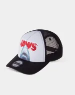 JAWS ICONIC LOGO AND POSE WHITE TRUCKER SNAPBACK BASEBALL CAP