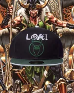 MARVEL COMICS DISNEY + LOKI HORNS LOGO BLACK SNAPBACK CAP