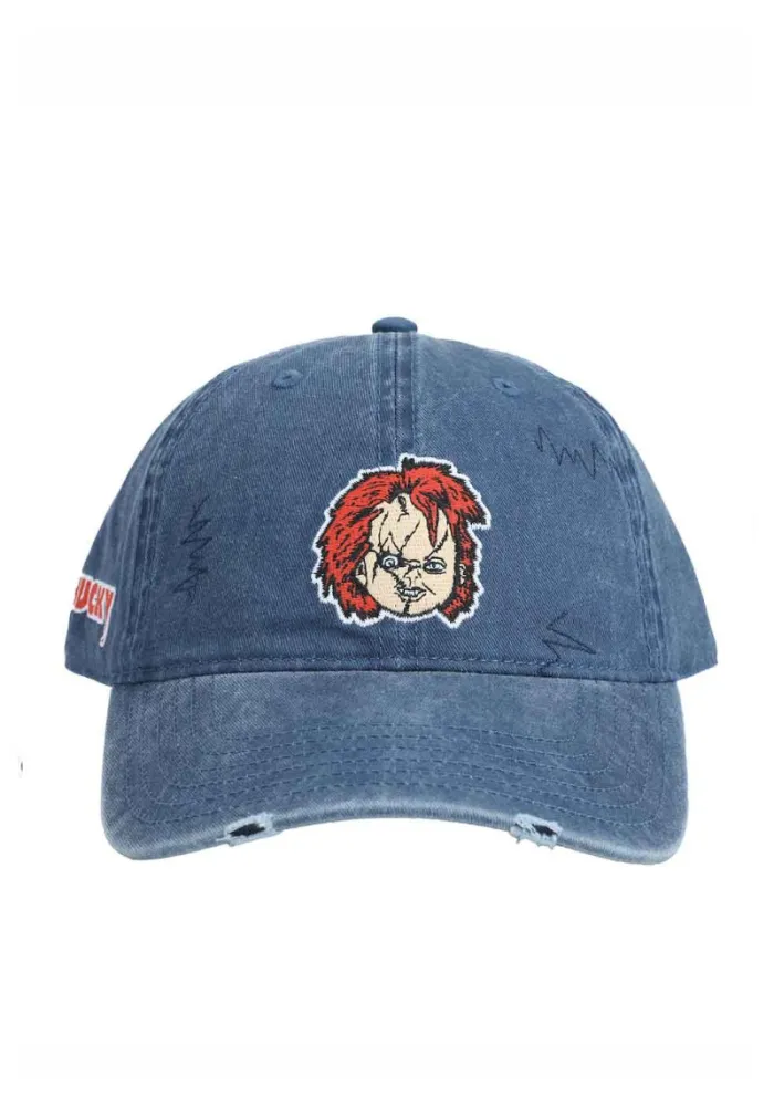 CHUCKY FACE EMBROIDERY CHILD'S PLAY DENIM BLUE STRAPBACK BASEBALL CAP