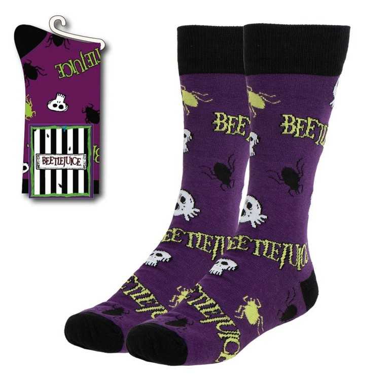 BEETLEJUICE LOGO SKULLS AND.. BEETLES PURPLE ADULT PAIR OF NOVELTY SOCKS