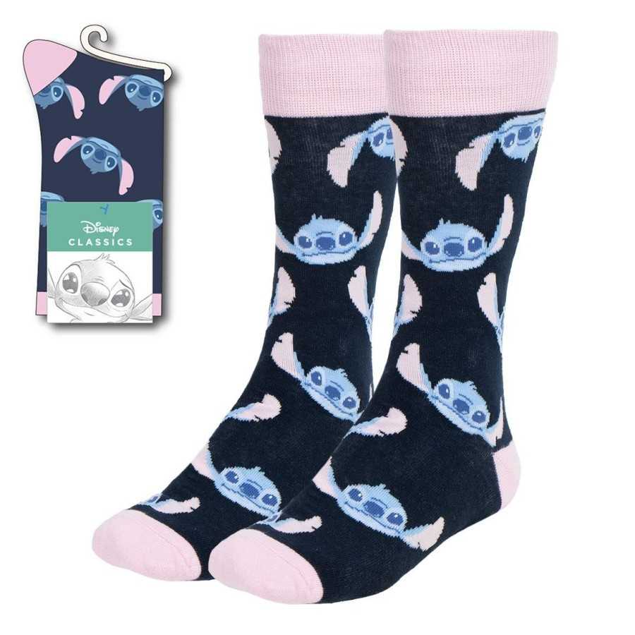 DISNEY LILO AND STITCH TILED FACE BLUE PINK ADULT PAIR OF NOVELTY SOCKS