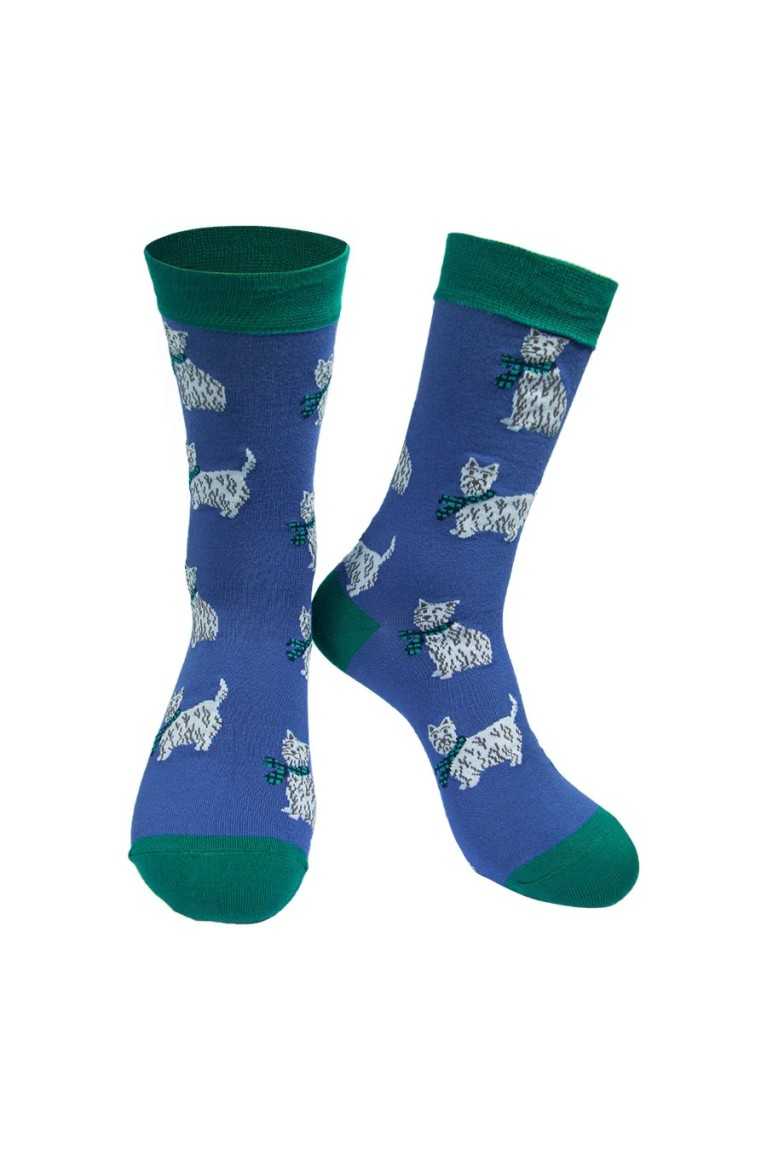 WEST HIGHLAND TERRIER DOG BLUE ADULT PAIR OF NOVELTY SOCKS