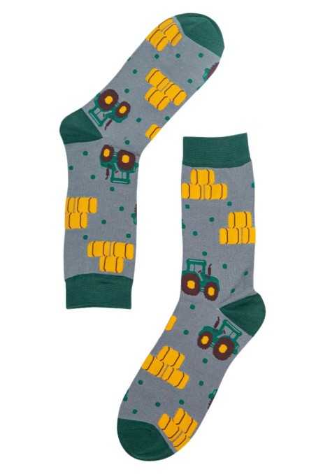 GREEN TRACTOR AND STRAW BALE GREY ADULT PAIR OF NOVELTY SOCKS