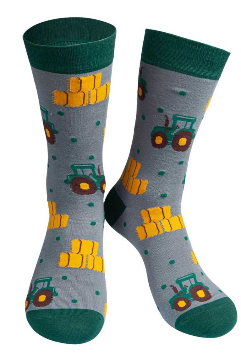 GREEN TRACTOR AND STRAW BALE GREY ADULT PAIR OF NOVELTY SOCKS