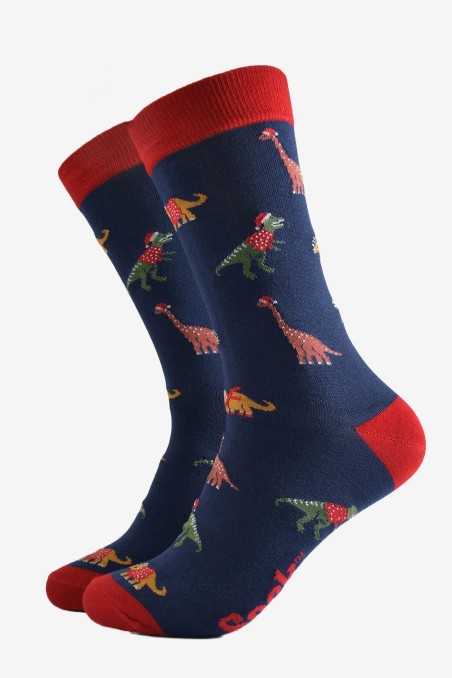 DINOSAURS WEARING CHRISTMAS JUMPERS AND SANTA HATS BLUE ADULT PAIR OF NOVELTY SOCKS