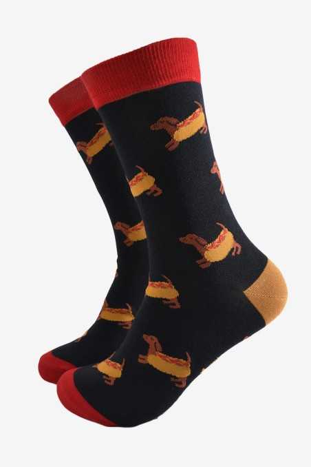 HOT DOG SAUSAGE DOG BLACK ADULT PAIR OF NOVELTY SOCKS