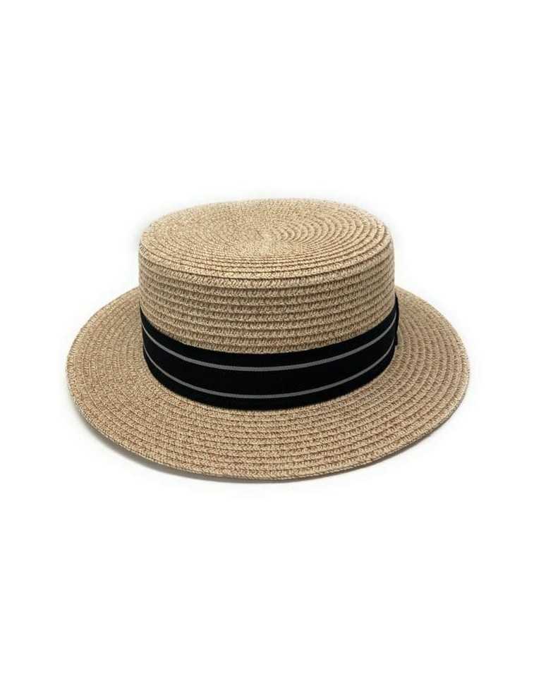 BLACK AND GREY RIBBON STRAW PAPER SUMMER BOATER HAT