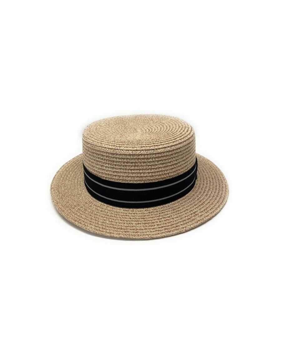 BLACK AND GREY RIBBON STRAW PAPER SUMMER BOATER HAT