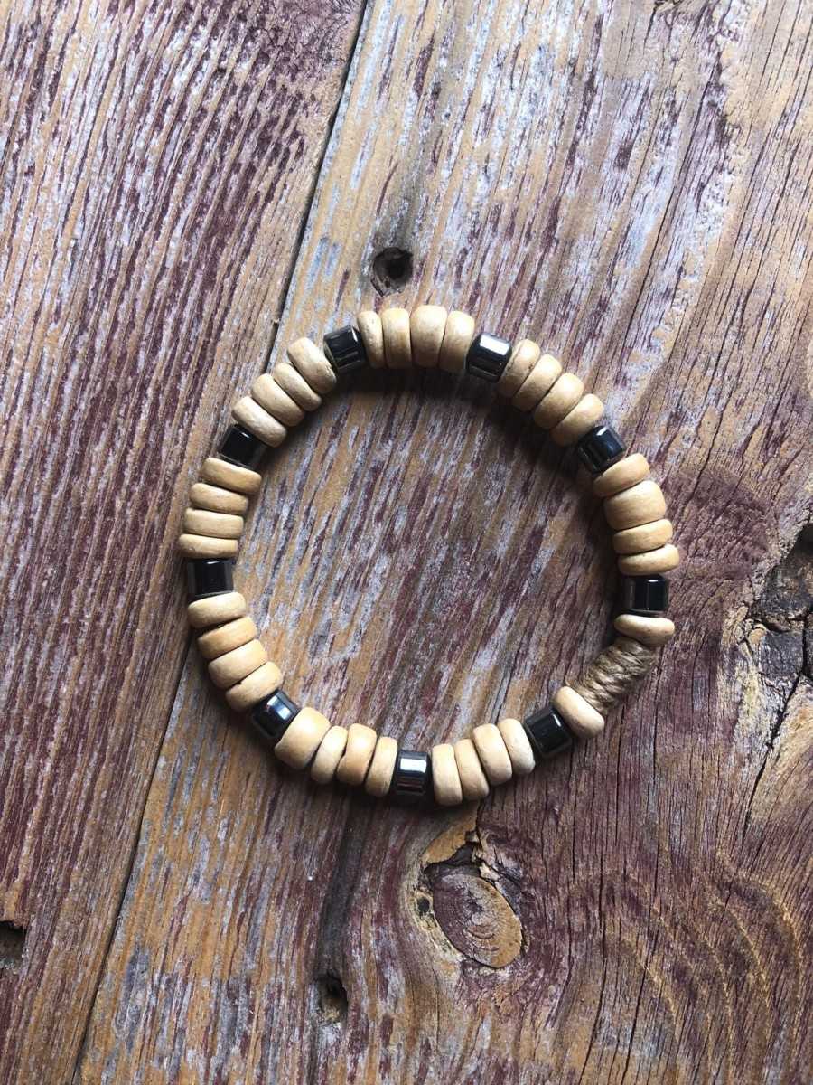 SAM Light brown blonde wooden bead, string and hematite elasticated Bracelet