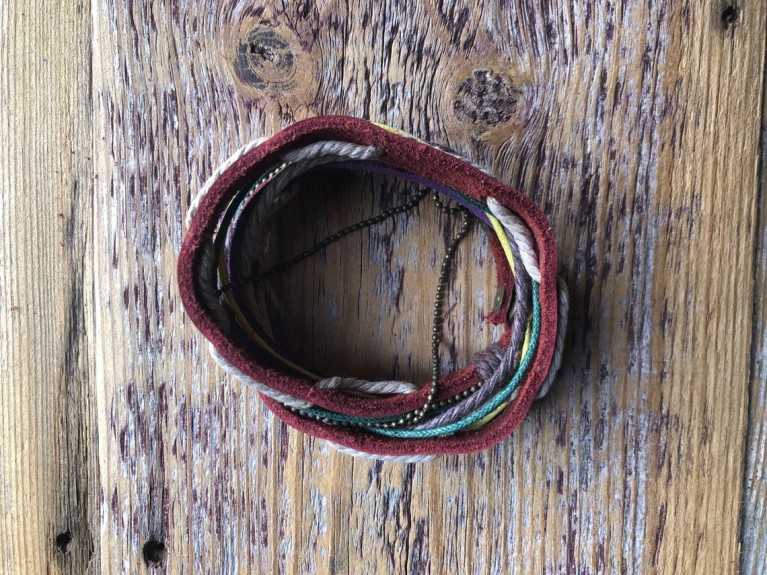 Punk Surfer brown, cream, purple, green and yellow leather cuff bracelet (Crowned Woodnymph)