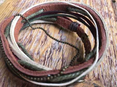 Punk Surfer brown, green, red and khaki leather cuff bracelet (Furcifer pardalis)