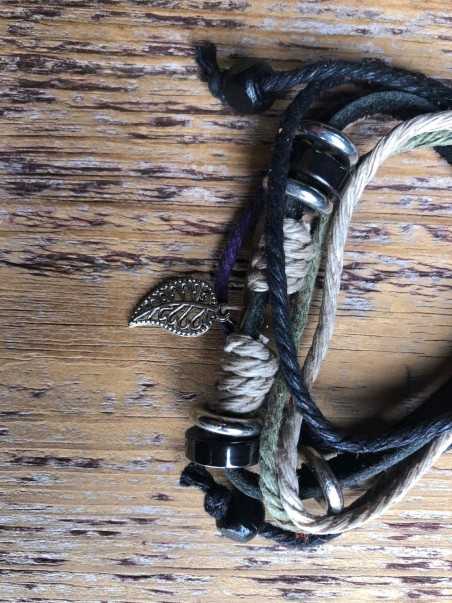 Leaf pendant, black string, Leather & beaded adjustable bracelet (STROBILANTHES DYERIANUS)