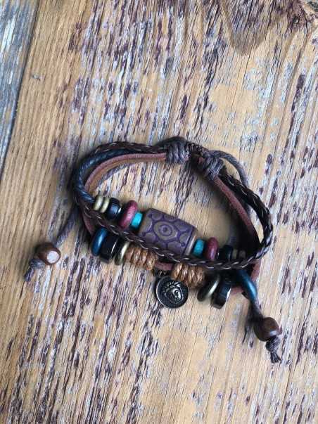 Tribal pendant, brown string, Leather & beaded earth colours adjustable bracelet (one love)