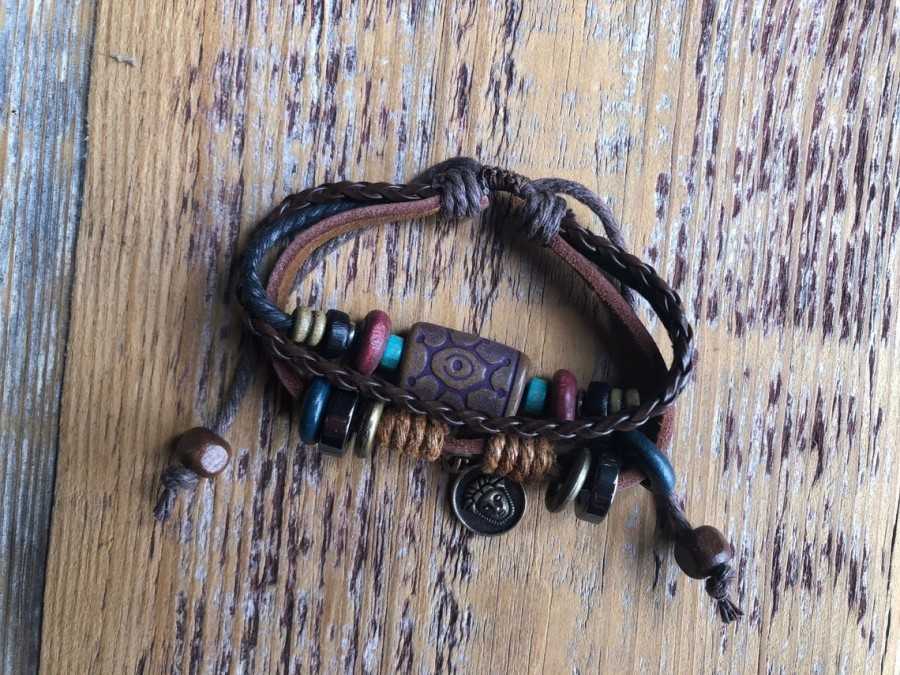 Tribal pendant, brown string, Leather & beaded earth colours adjustable bracelet (one love)