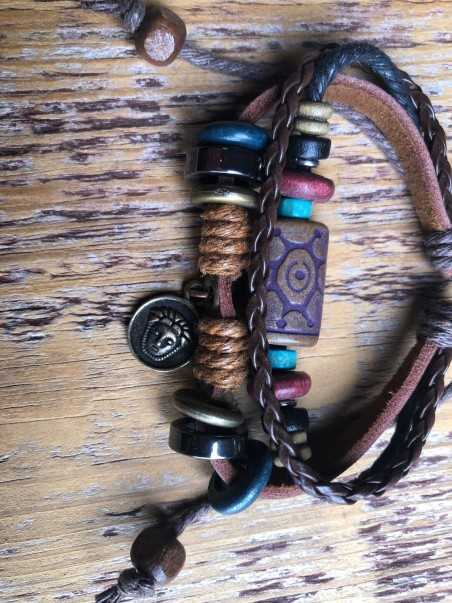 Tribal pendant, brown string, Leather & beaded earth colours adjustable bracelet (one love)