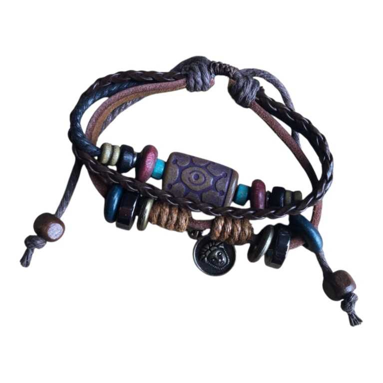 Tribal pendant, brown string, Leather & beaded earth colours adjustable bracelet (one love)