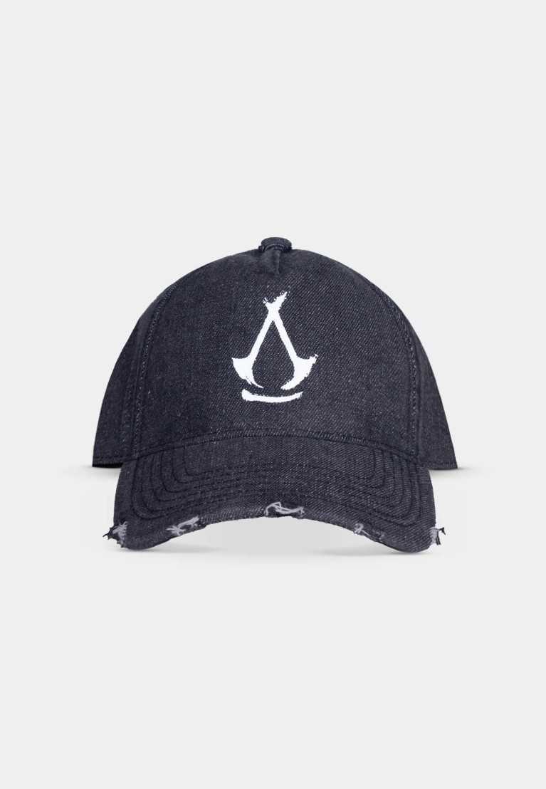 ASSASSIN'S CREED SHADOWS WHITE LOGO DISTRESSED BLACK STRAPBACK BASEBALL CAP