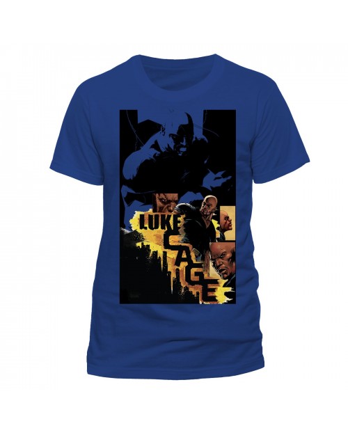 OFFICIAL MARVEL COMICS LUKE CAGE CITY COMIC STYLED PRINT BLUE T-SHIRT