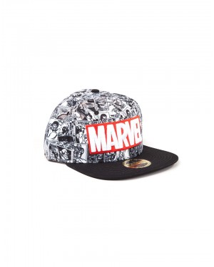 OFFICIAL MARVEL COMICS LOGO WITH ALL OVER BLACK & WHITE COMIC PRINT SNAPBACK CAP