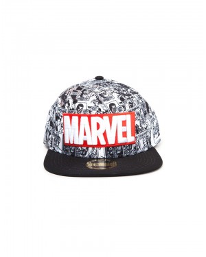 OFFICIAL MARVEL COMICS LOGO WITH ALL OVER BLACK & WHITE COMIC PRINT SNAPBACK CAP