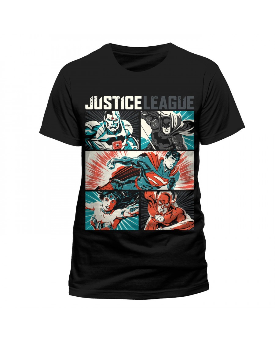 OFFICIAL DC COMICS - JUSTICE LEAGUE POP ART CYBORG, BATMAN, SUPERMAN, WONDER WOMAN & THE FLASH BLACK T-SHIRT