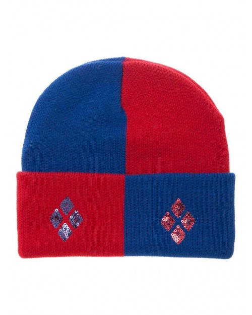 OFFICIAL DC COMICS - HARLEY QUINN SEQUIN DIAMONDS RED AND BLUE CUFF BEANIE