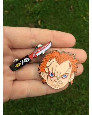 CHILD'S PLAY - CHUCKY FACE & KNIFE ENAMEL METAL PIN BADGES (SET OF 2)