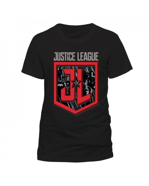 OFFICIAL DC COMICS - JUSTICE LEAGUE SYMBOL/ SHEILD & CHARACTERS BLACK T-SHIRT