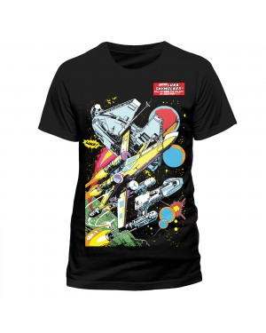 OFFICIAL STAR WARS - MILLENIUM FALCON, X-WING AND TIE FIGHTERS COMIC PRINT BLACK T-SHIRT
