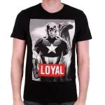 OFFICIAL MARVEL COMICS - CAPTAIN AMERICA BLACK AND WHITE PRINT 'LOYAL' TEXT BLACK T-SHIRT