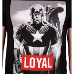 OFFICIAL MARVEL COMICS - CAPTAIN AMERICA BLACK AND WHITE PRINT 'LOYAL' TEXT BLACK T-SHIRT